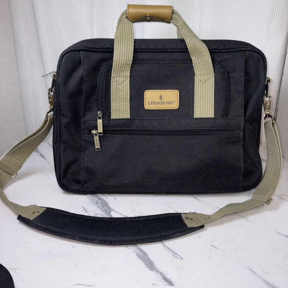 London Fog Black Laptop Briefcase Messenger Bag Expandable Travel